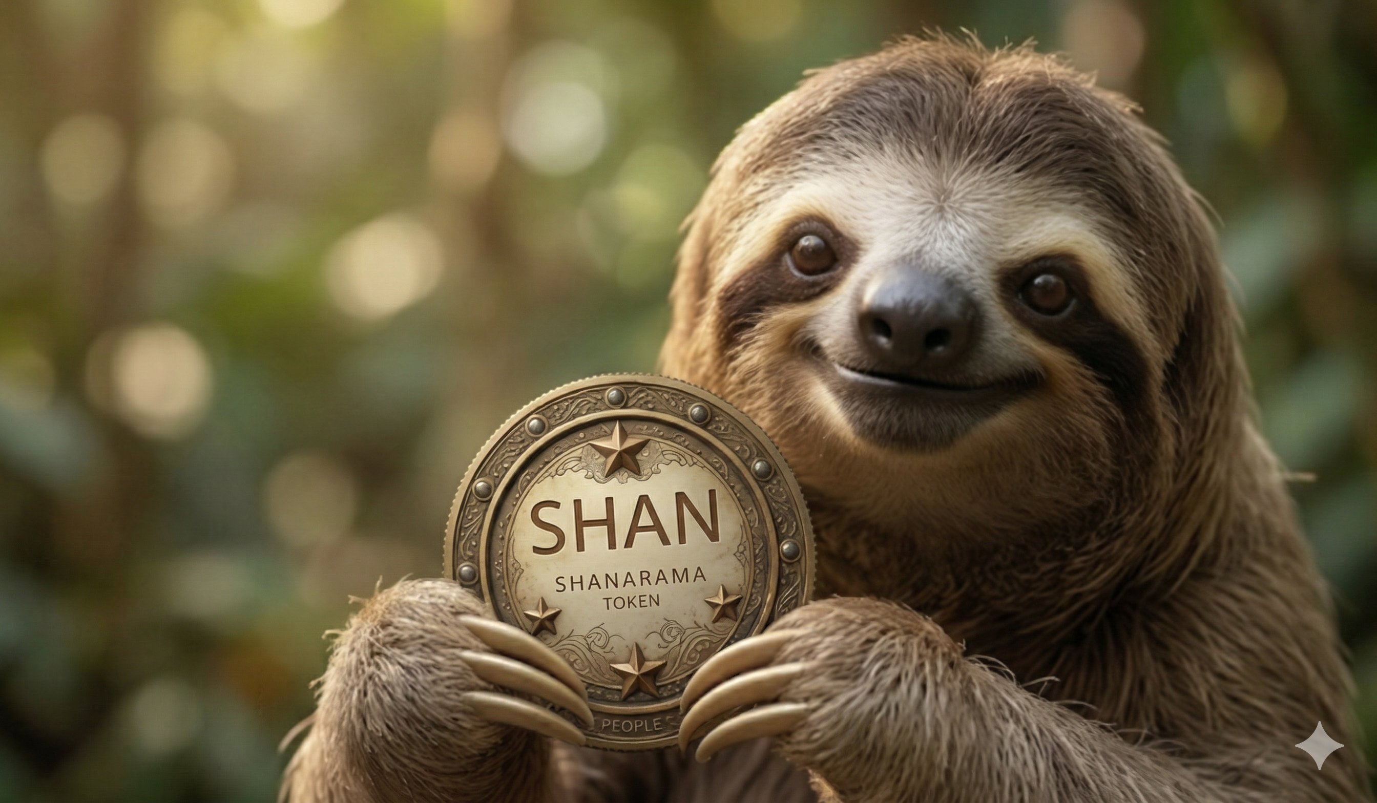 The Shanarama Coin sloth mascot holding the SHAN token