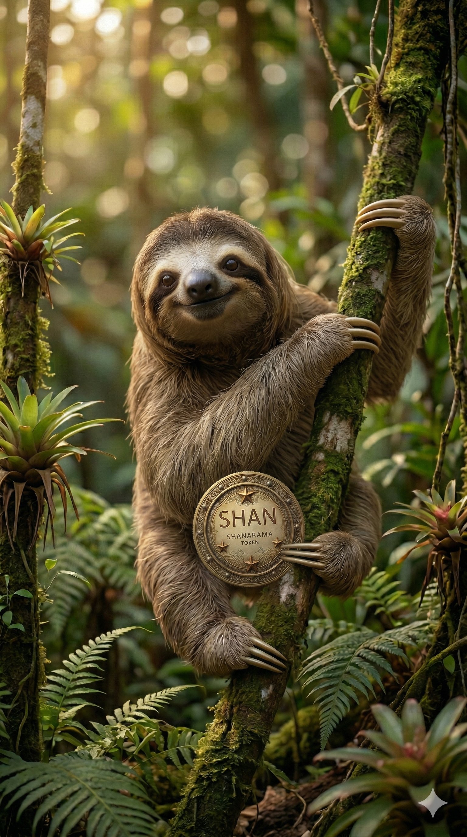 Shanarama Coin sloth mascot climbing a tree in the jungle